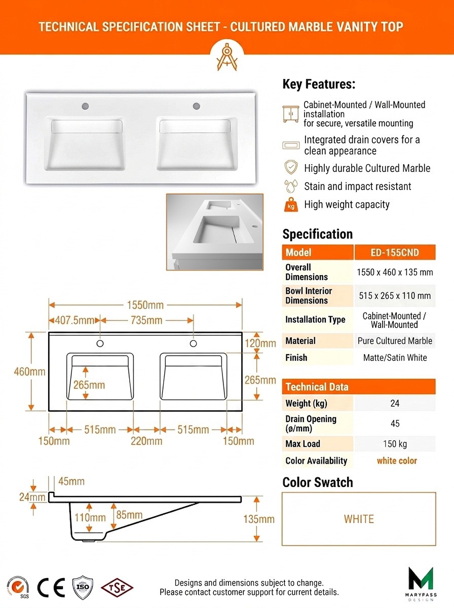 Cultured Marble Vanity Top Manufacturer in Turkey | Maryfass